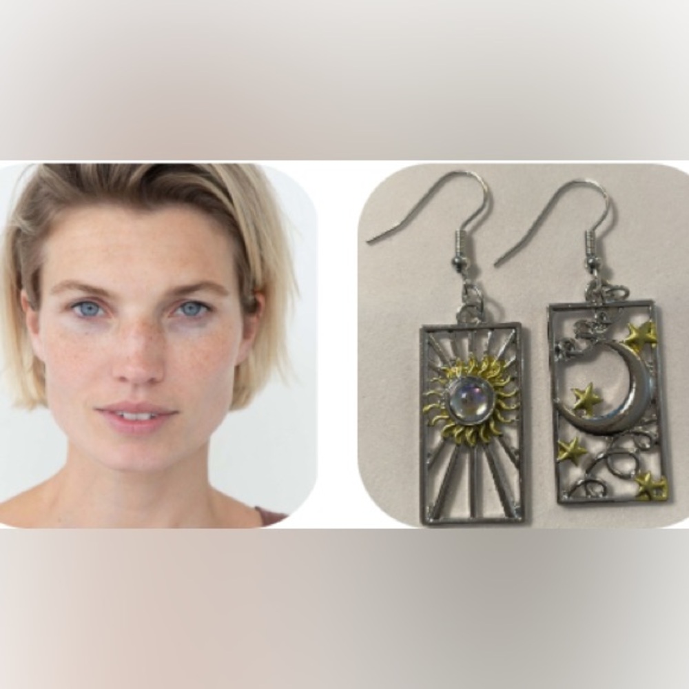 Silver and Gold Sun and Moon Earrings - Picture 12 of 12